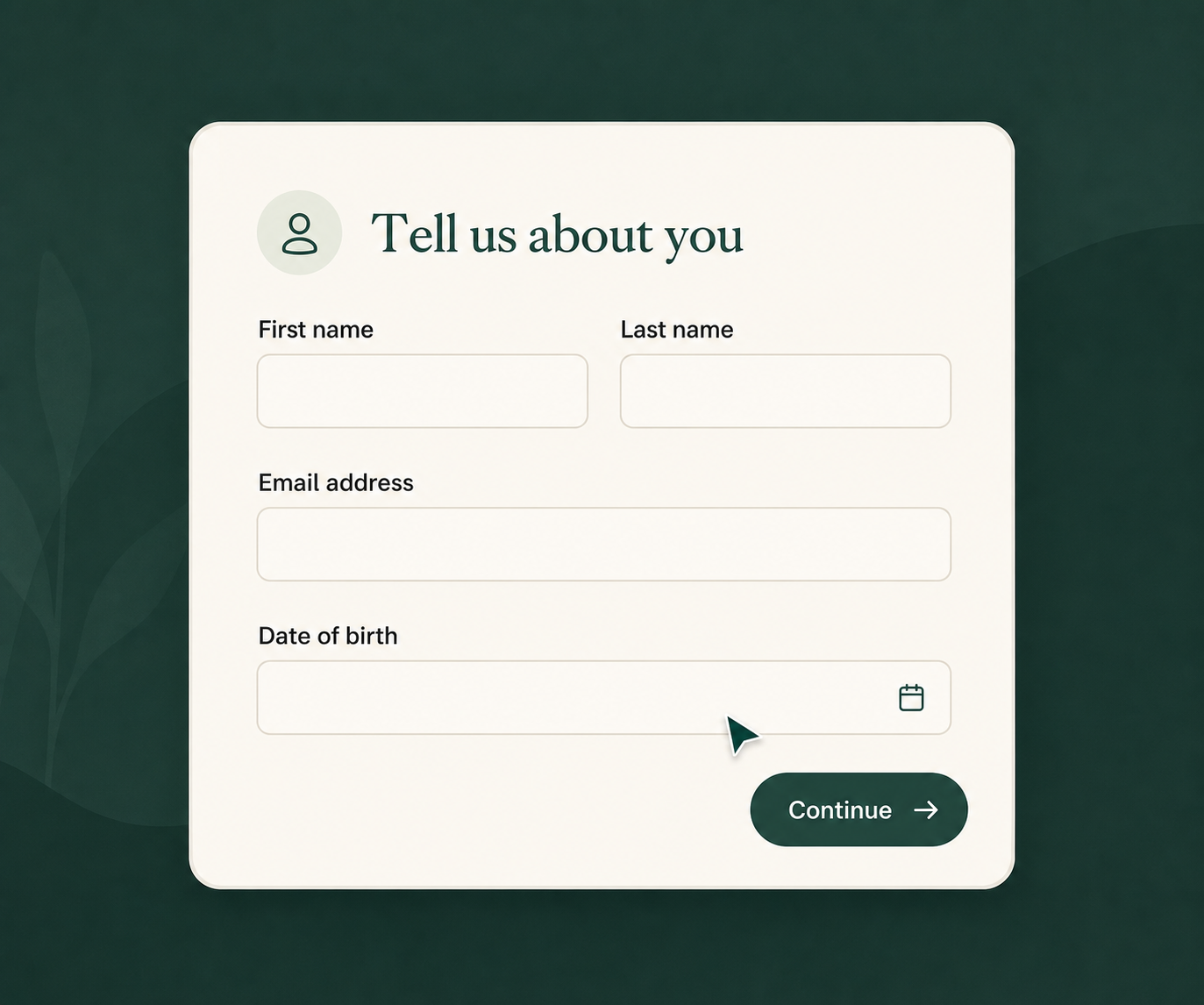Online intake form with name, email, and date of birth fields.