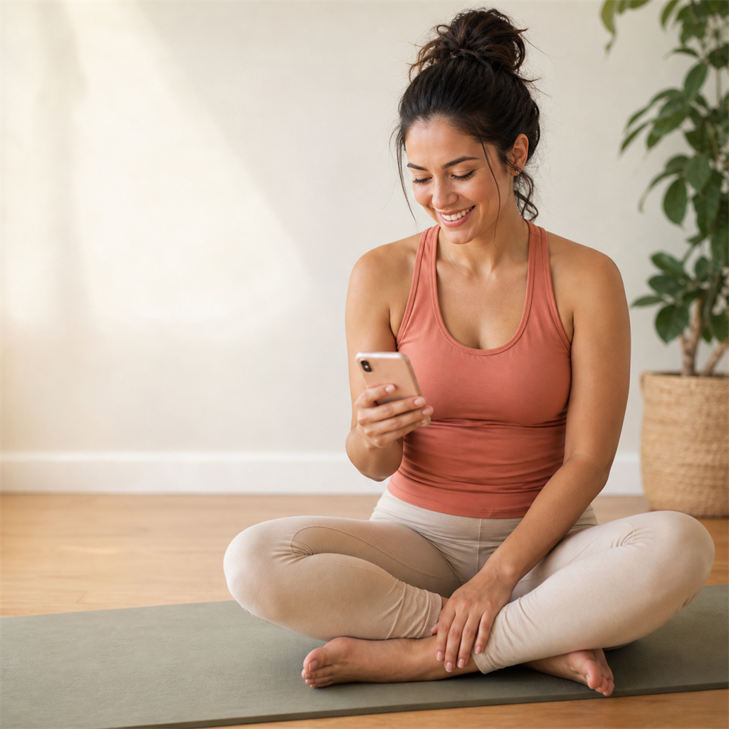 Woman on a yoga mat at home checking her phone, with a compounded tirzepatide vial nearby.