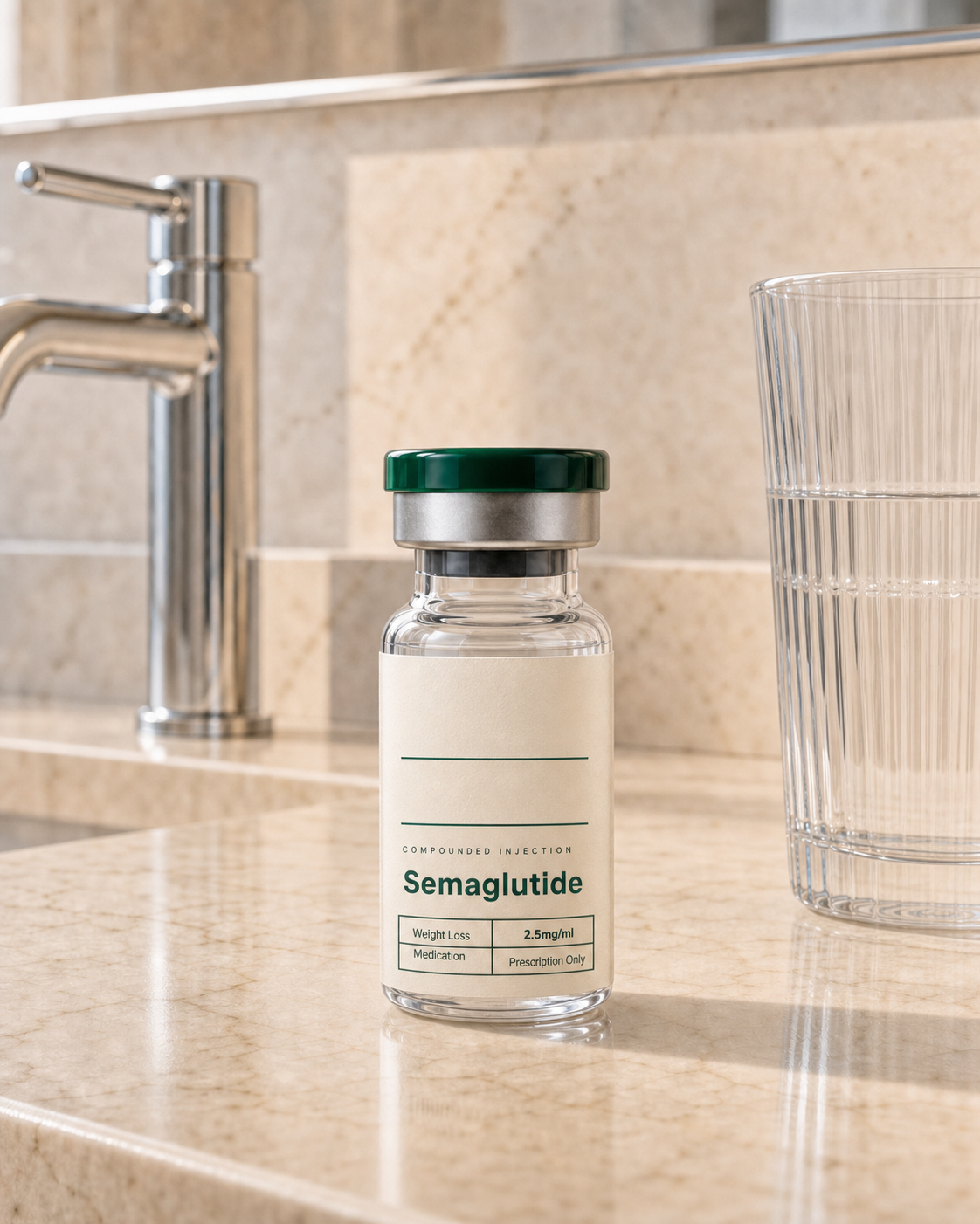 Generic semaglutide vial next to a glass of water.