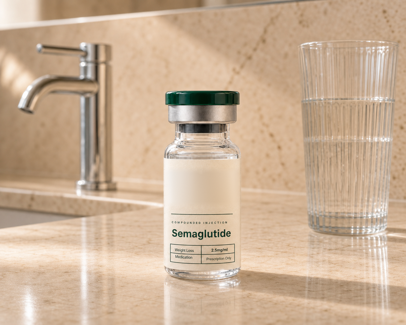 Generic semaglutide vial beside a glass of water.