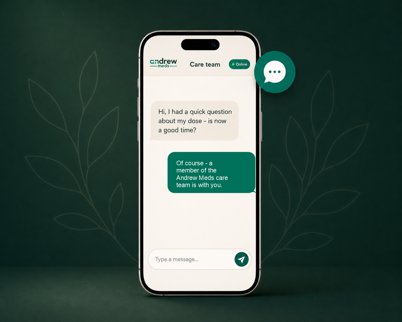 Phone showing the Andrew Meds care team chat thread.
