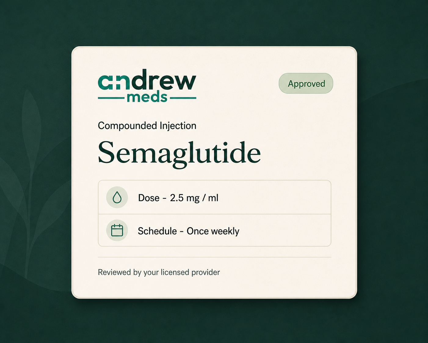 Digital prescription summary card showing compounded semaglutide.