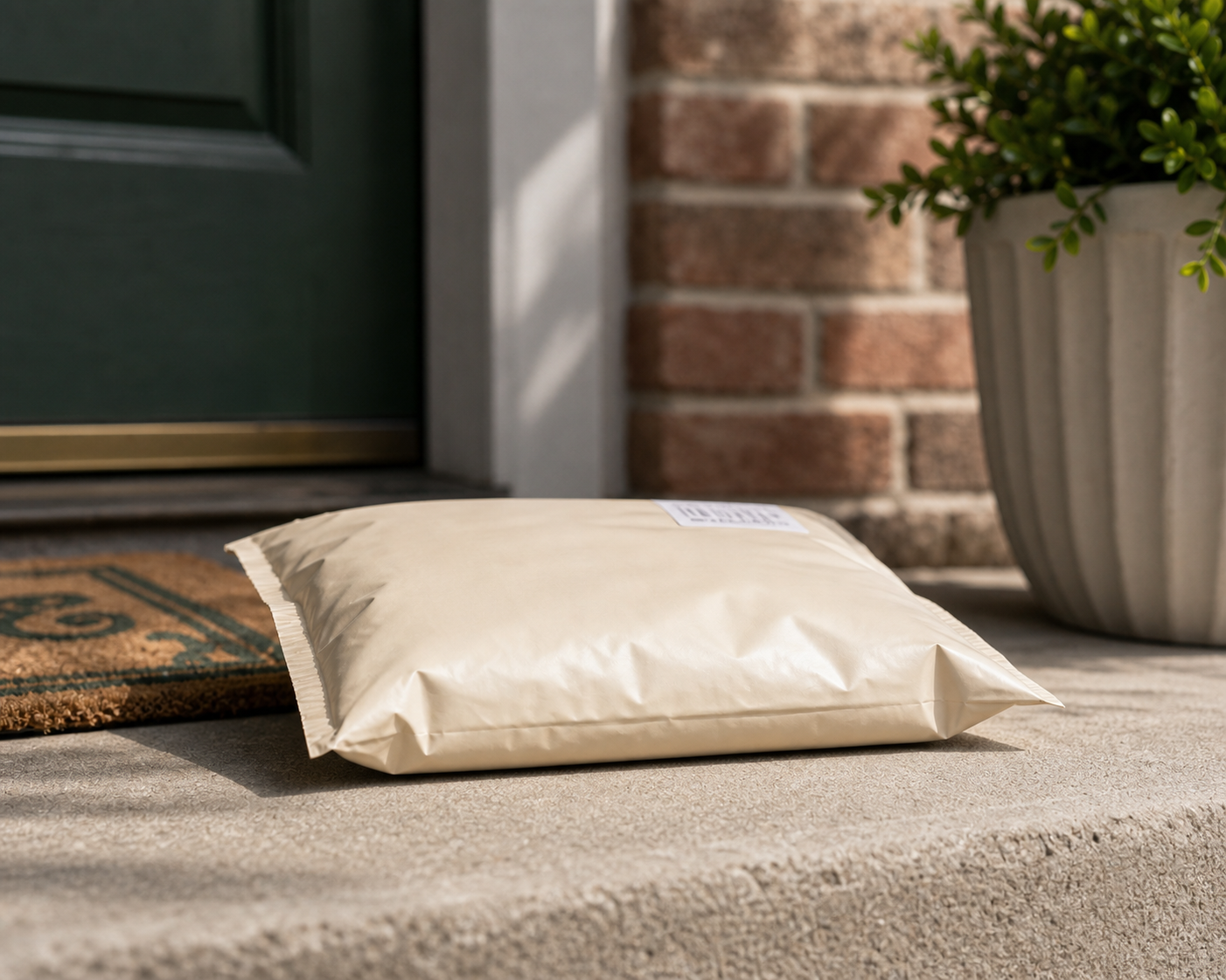 Plain unmarked padded mailer on a front porch step.