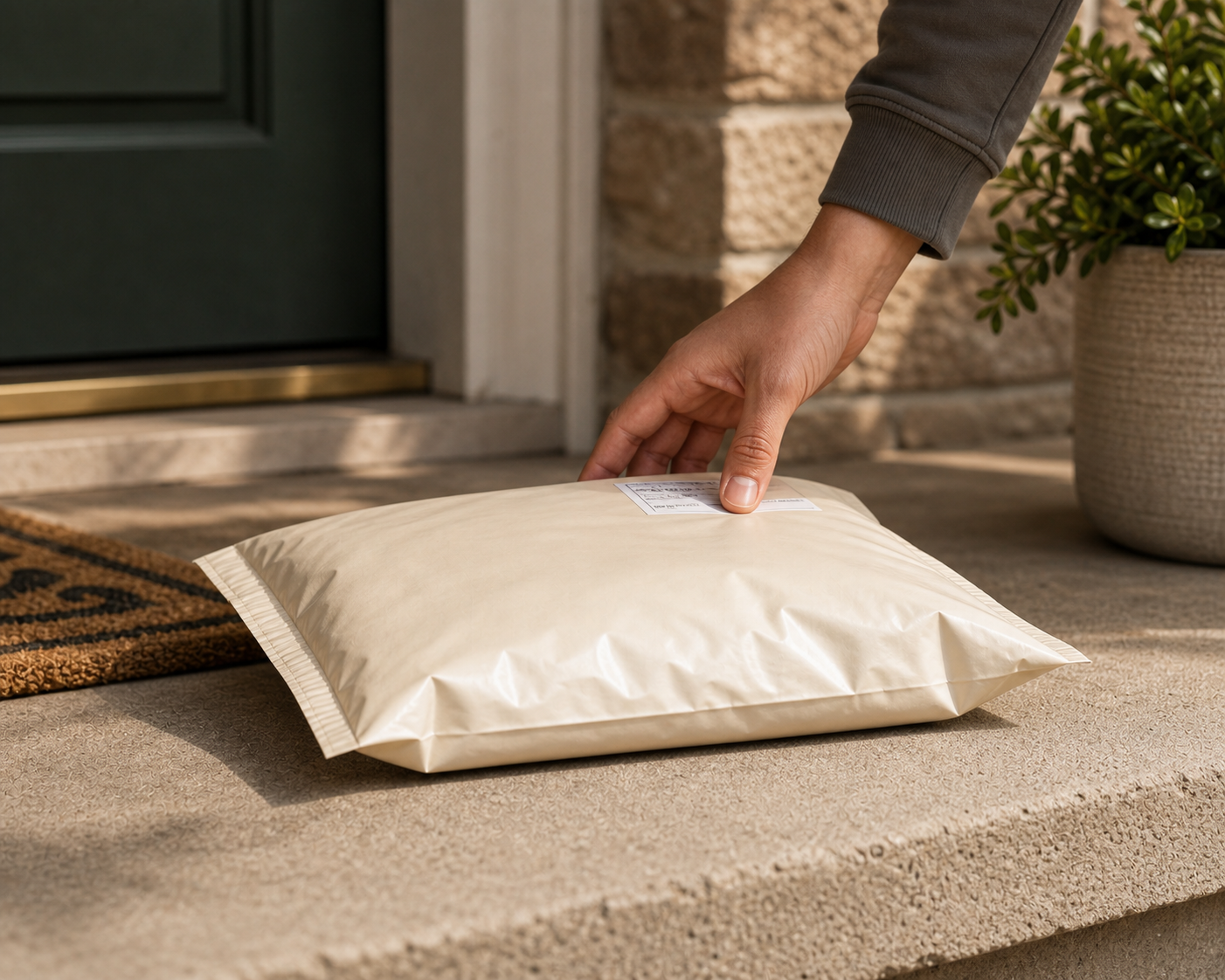 A hand reaching for a plain unmarked package on a front-door step.