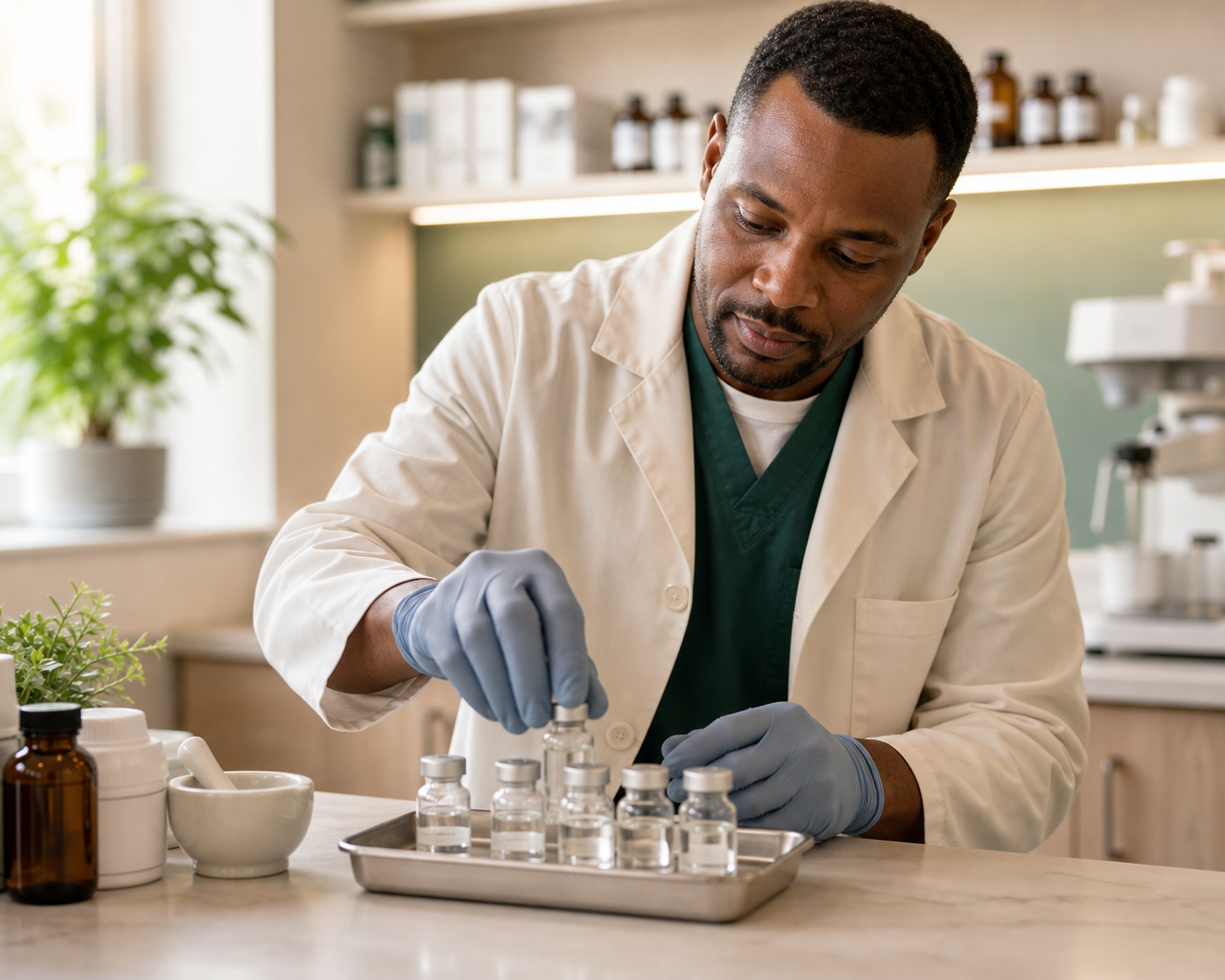 A pharmacist preparing vials at a compounding pharmacy bench.