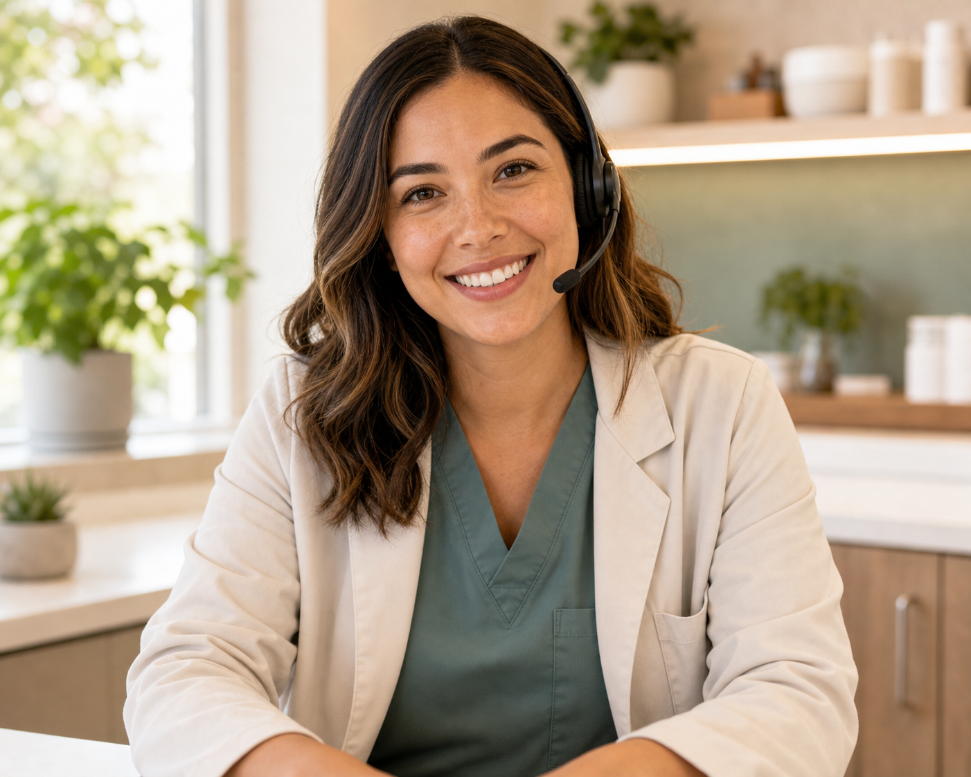 A friendly Andrew Meds care team member wearing a headset, ready to help.