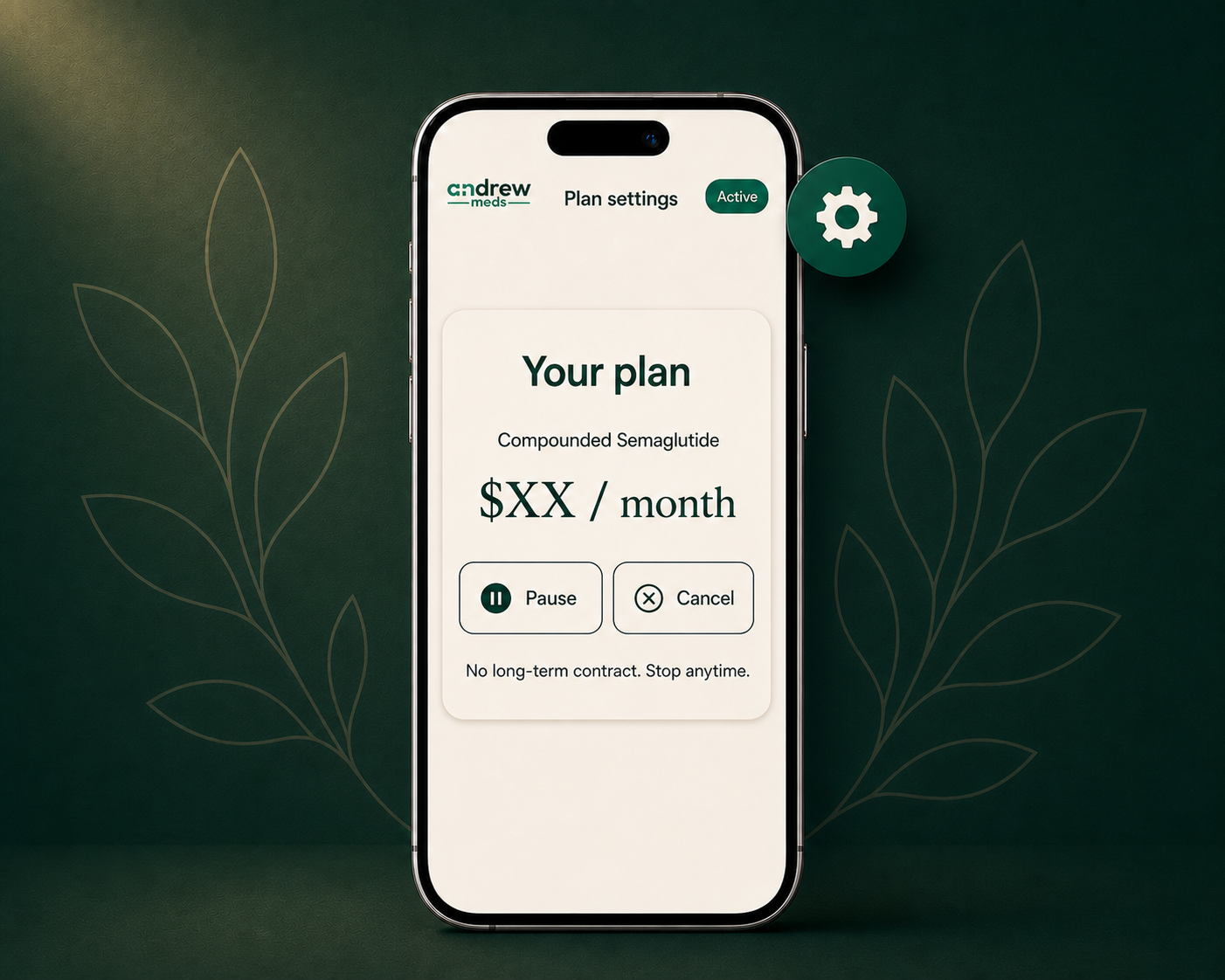 Phone showing the Andrew Meds plan-settings card with pause and cancel options.