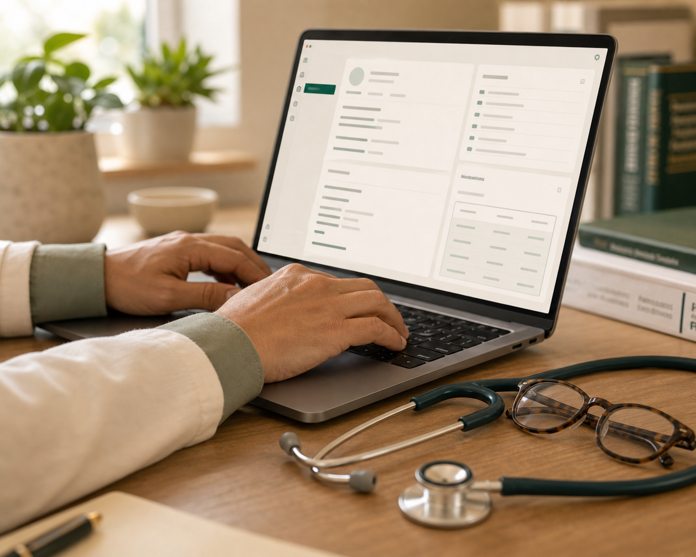 Close-up of a clinician's hands at a laptop with a stethoscope and reading glasses on the desk.