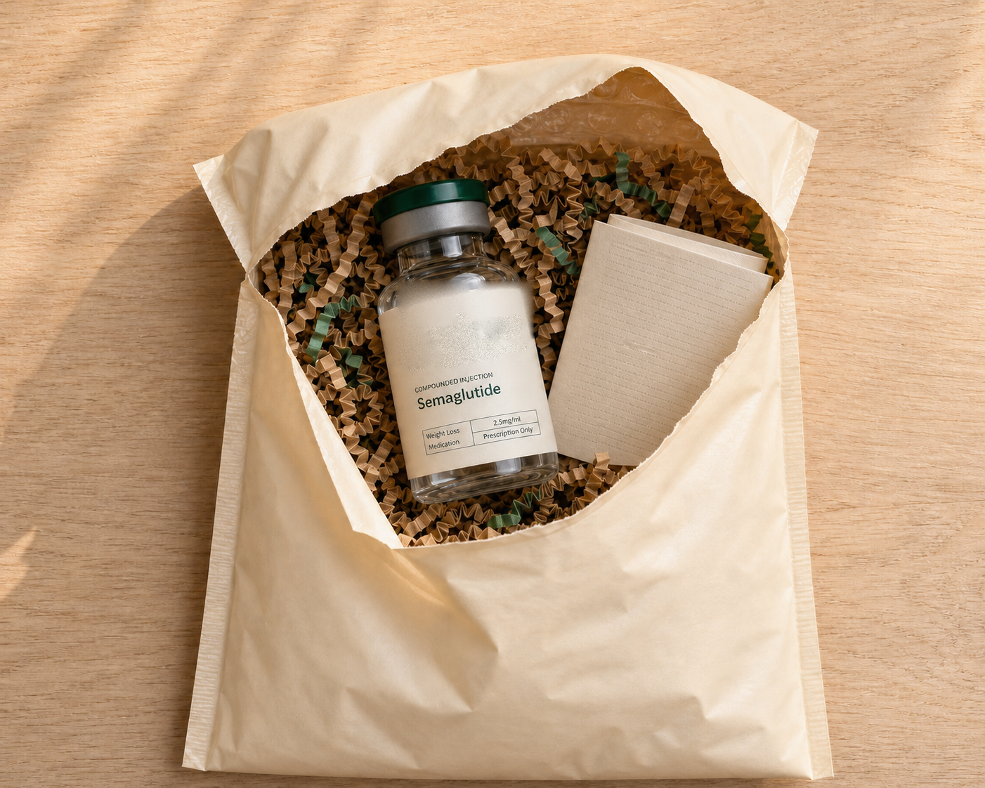Top-down view of an opened plain mailer revealing the andrew meds vial inside.